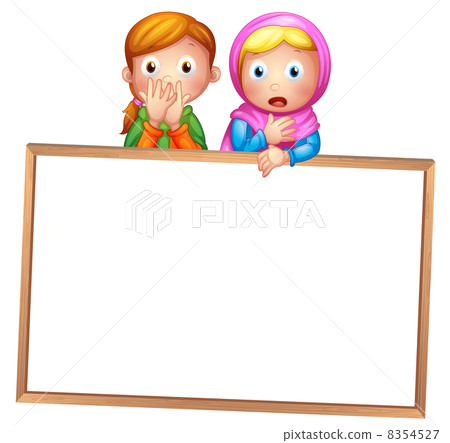 An empty framed white board with two girls 8354527