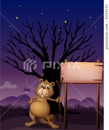 A beaver beside a wooden signboard 8354531