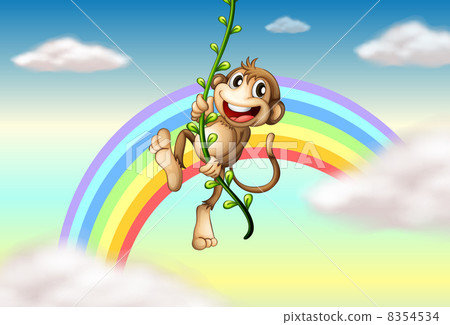 A monkey hanging on a vine plant near the rainbow A monkey hanging on a vine plant near the rainbow 8354534