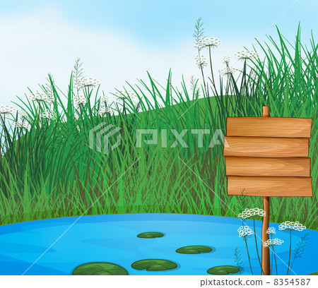 A pond with an empty signboard A pond with an empty signboard 8354587
