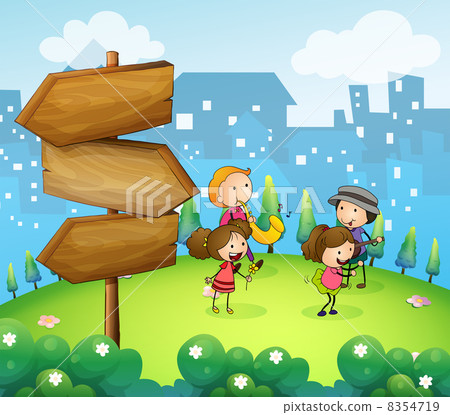 Musicians performing near the wooden arrowboards Musicians performing near the wooden arrowboards 8354719