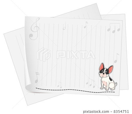 A dog printed on a white paper with musical notes A dog printed on a white paper with musical notes 8354751