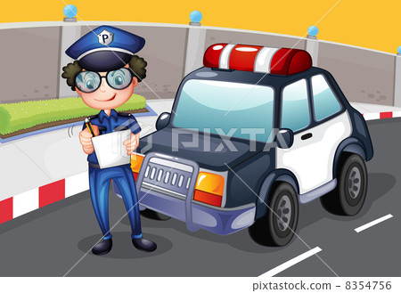 A policeman with his police car A policeman with his police car 8354756