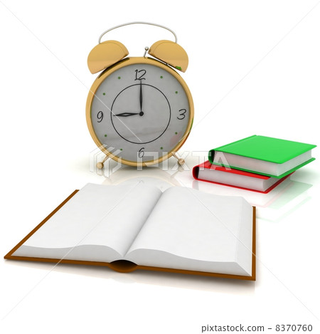 alarm clock near stack of books over white 8370760