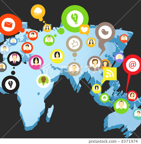 Social network scheme on the Earth map in perspective Social network scheme on the Earth map in perspective 8371974