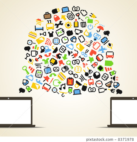 Abstract speech cloud and two connected computers Abstract speech cloud and two connected computers 8371978