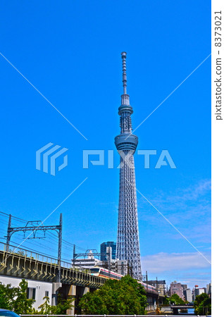 "Sky tree" seen from Pillow Bridge and Limited Express "Tooru" by Tobu Isesaki Line (in front of Sumida Ward Office / Sumida Ward, Tokyo) 8373021
