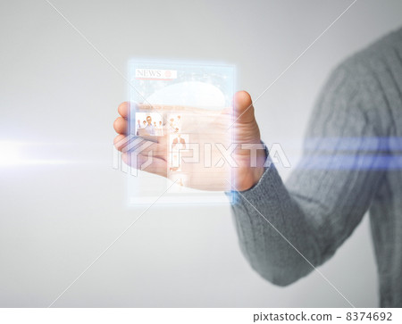 man showing tablet pc with news man showing tablet pc with news 8374692