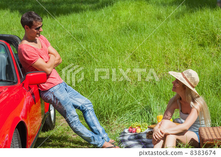 Cheerful couple having picnic together Cheerful couple having picnic together 8383674