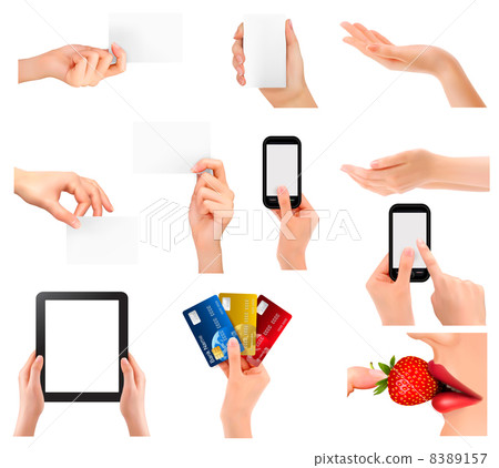 Set of hands holding different business objects. Vector illustra Set of hands holding different business objects. Vector illustra 8389157