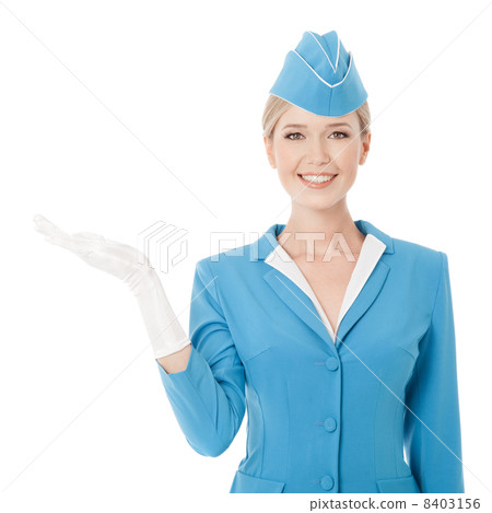 Charming Stewardess Dressed In Blue Uniform Holding In Hand On W 8403156