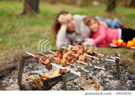 Mother and daughter lie near campfire with grill and barbecue; f 8403641
