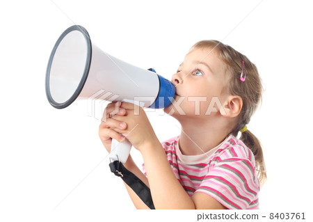 beautiful little girl in pink T-shirt speaks in megaphone isolat 8403761