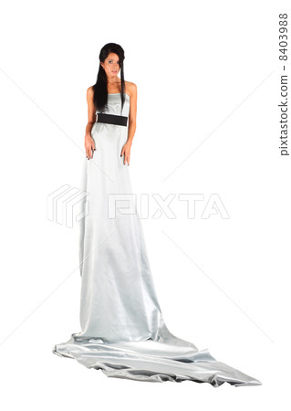 beautiful girl wearing long silver dress looks mysteriously isol beautiful girl wearing long silver dress looks mysteriously isol 8403988