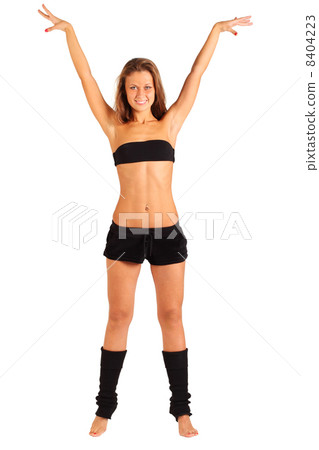 happy girl stretches out her arms up isolated on white backgroun 8404223
