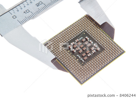 Vernier caliper measures the processor. Closeup. Vernier caliper measures the processor. Closeup. 8406244