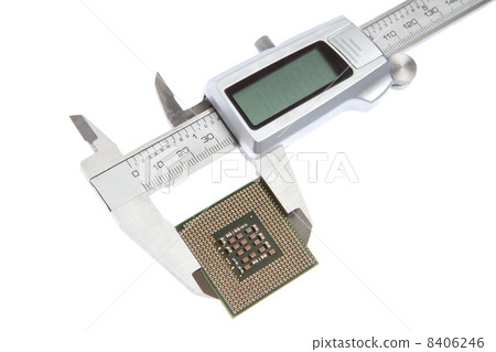 Vernier caliper measures the CPU. On a white background. Vernier caliper measures the CPU. On a white background. 8406246