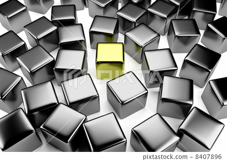Golden cube in the crowd of scattered steel cubes 8407896