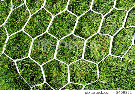 White football net on green grass background 8409851