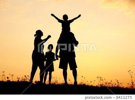 Silhouette, happy children with mother and father, family at sunset, summertime Silhouette, happy children with mother and father, family at sunset, summertime 8411273
