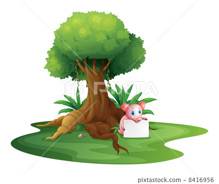 A pig holding an empty signage under the big tree A pig holding an empty signage under the big tree 8416956
