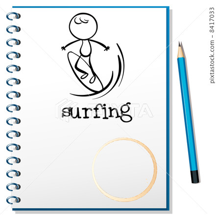 A notebook with a sketch of a man surfing 8417033