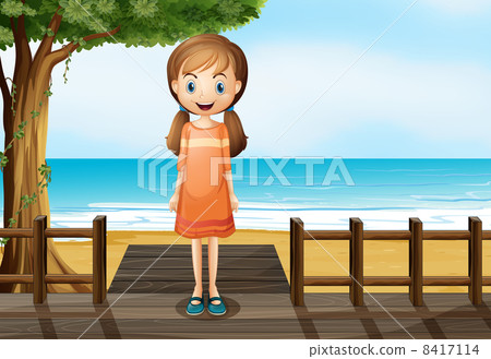 A smiling young girl standing at the wooden bridge 8417114