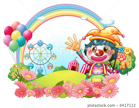 A female clown waving her hands near the garden A female clown waving her hands near the garden 8417122