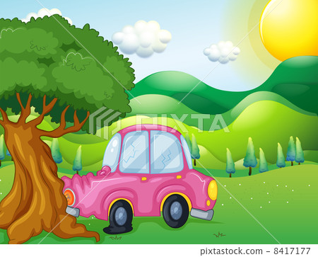 A pink car bumping the big tree A pink car bumping the big tree 8417177