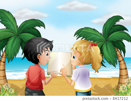 A beach with two kids discussing 8417212