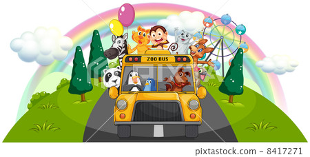 A yellow zoo bus at the road A yellow zoo bus at the road 8417271