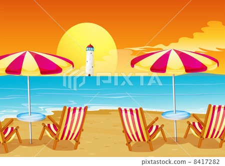 Two umbrellas and four chairs at the beach 8417282
