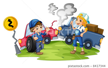 A male and a female mechanic fixing the damaged cars 8417344