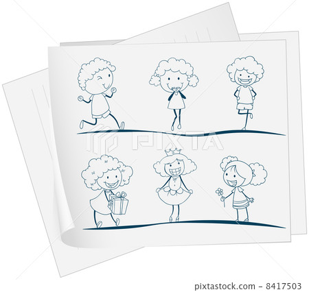 A paper with a drawing of a girl in different attires A paper with a drawing of a girl in different attires 8417503