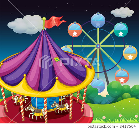 A carrousel with ferris wheel at the back 8417504