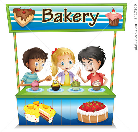 Three kids in a bakery stand with cupcakes Three kids in a bakery stand with cupcakes 8417569