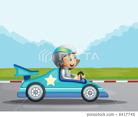 A happy girl in her blue racing car 8417748
