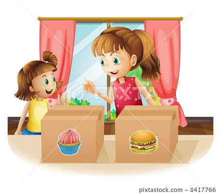 A woman and a young girl near the two boxes A woman and a young girl near the two boxes 8417766
