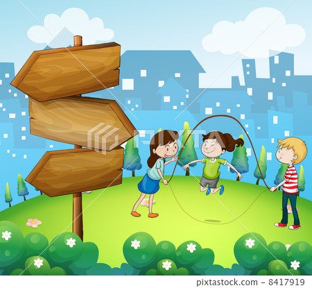 Three kids playing in the garden with wooden arrows 8417919