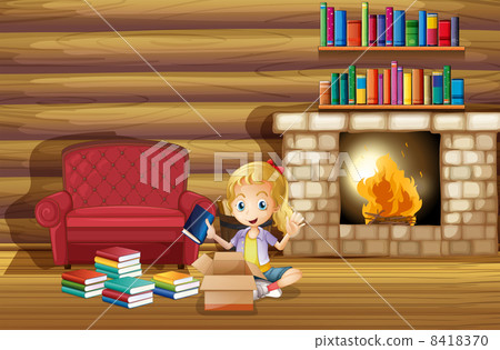 A girl fixing her books near the fireplace A girl fixing her books near the fireplace 8418370