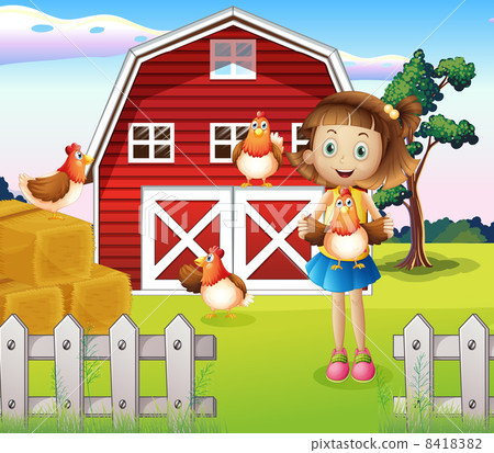 A girl holding a chicken at the farm A girl holding a chicken at the farm 8418382