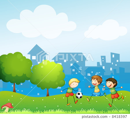 Three kids playing soccer in the hill Three kids playing soccer in the hill 8418397