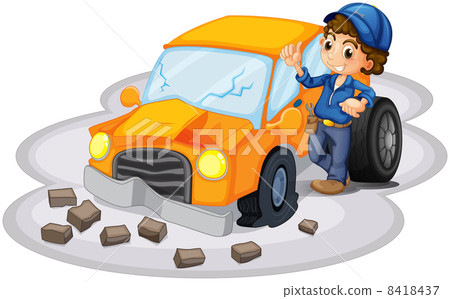 A boy fixing a broken orange car A boy fixing a broken orange car 8418437