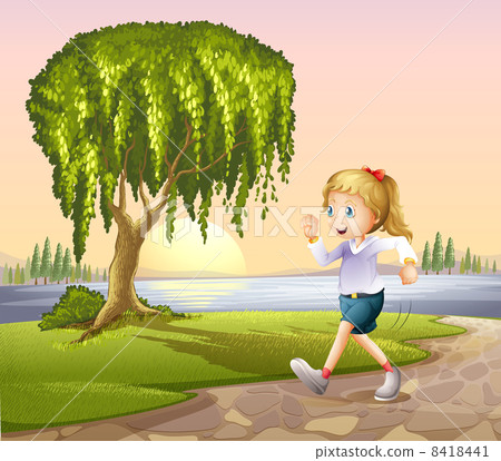 A girl running at the street with a giant tree 8418441