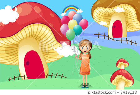 A girl with balloons near the mushroom houses 8419128