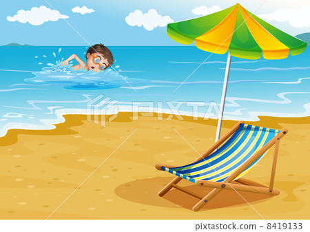 A boy swimming at the beach with an umbrella and a bed A boy swimming at the beach with an umbrella and a bed 8419133
