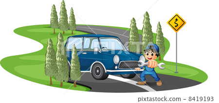 A curve road with a boy and a car A curve road with a boy and a car 8419193