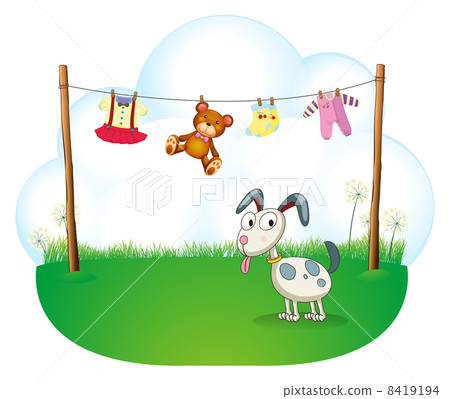 A puppy near the hanging baby clothes A puppy near the hanging baby clothes 8419194