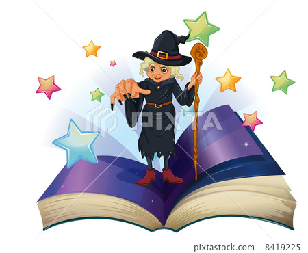 An open book with an image of a scary witch holding a cane 8419225