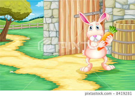 A bunny holding a carrot outside the barn 8419281